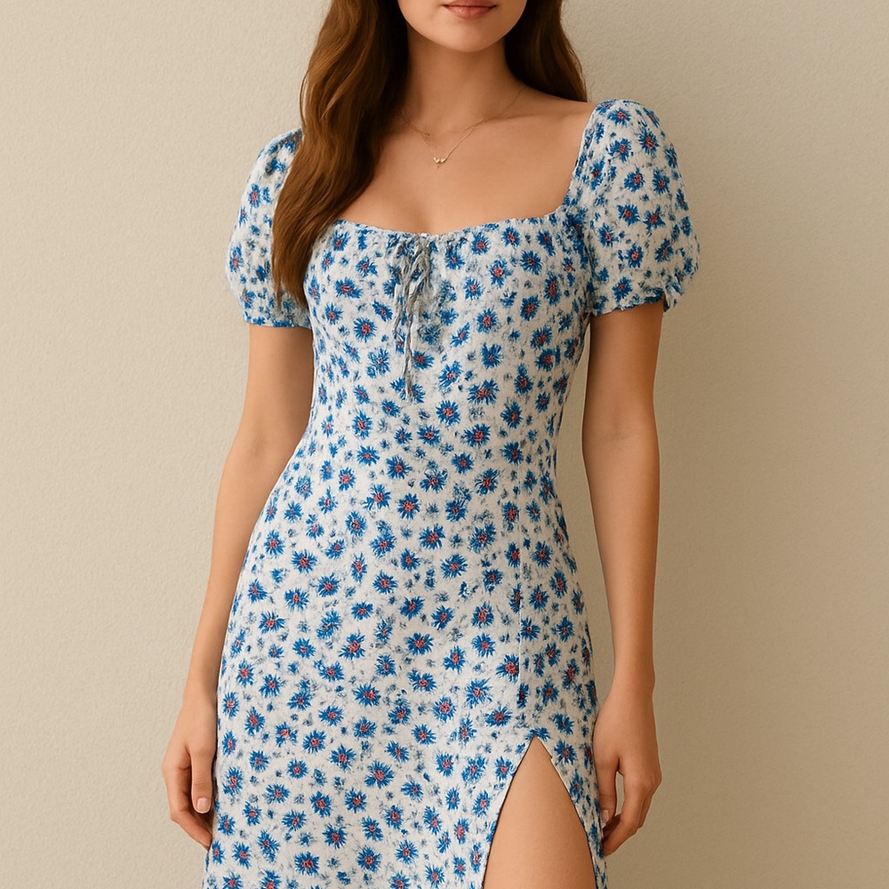 Floral Blue Dress with Puff Sleeves